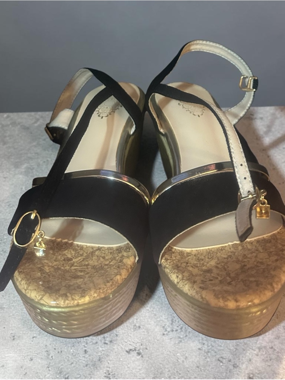 & Other Stories Black and Gold Cork Platform Wedge Sandals